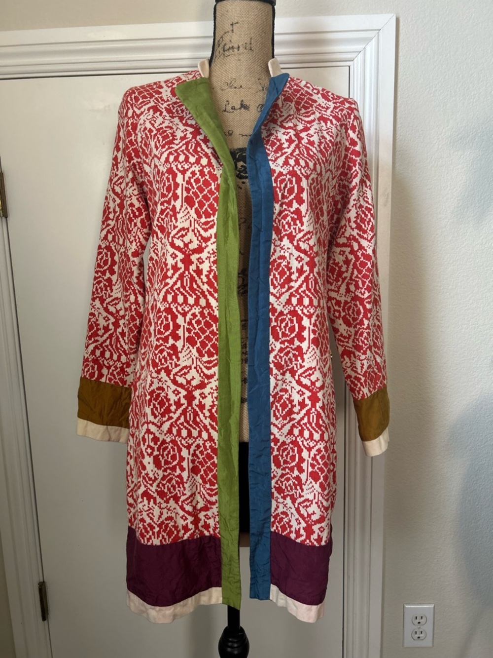 Vintage Red and White Patterned Long Open Front Cardigan/Jacket